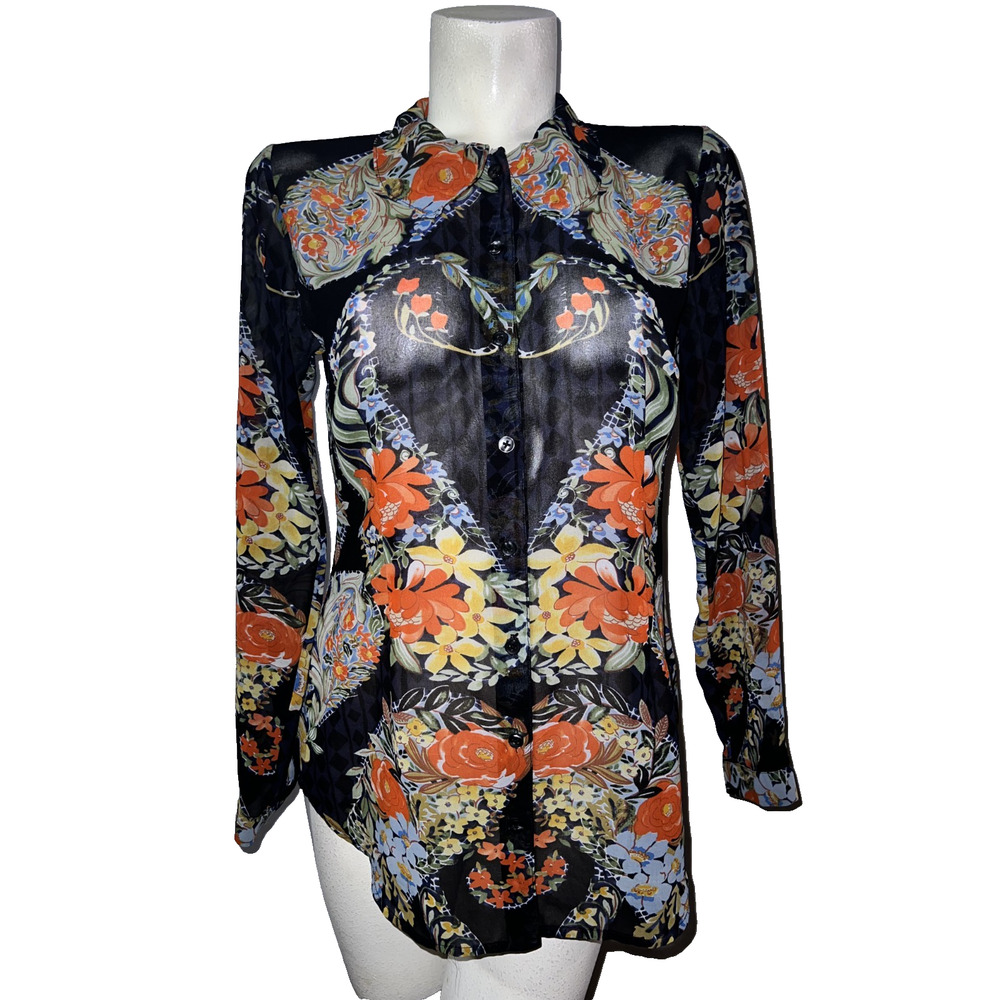 CABI Top Women's Size S #3072 Navy Blue AMOUR Floral Heart Button Shirt Blouse